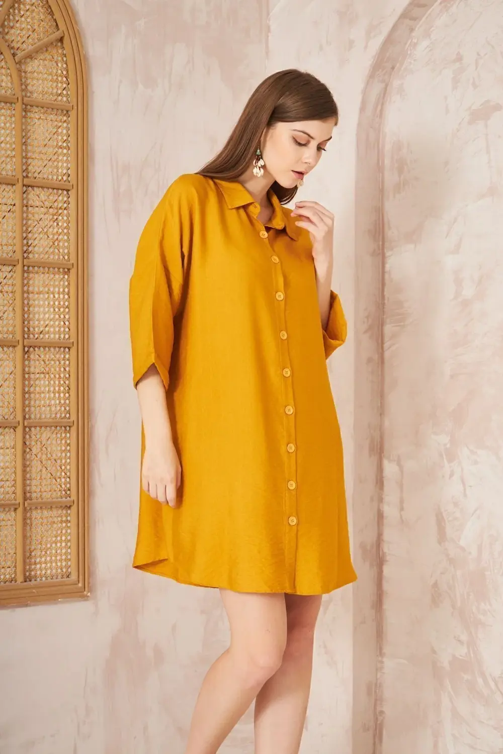 Kadın Hardal Midi Salaş Yarım Katlanır Kollu Keten Gömlek Elbise