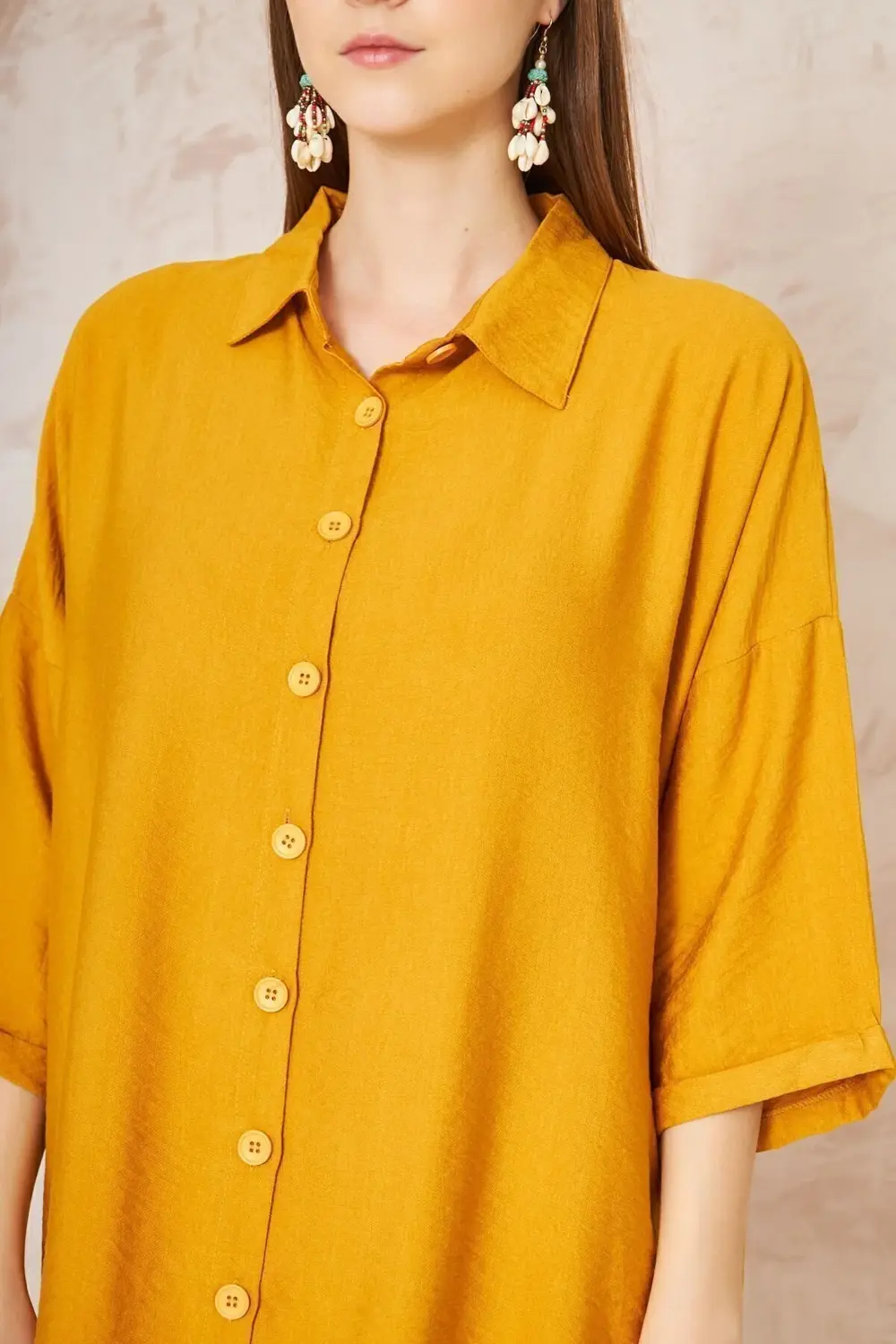 Kadın Hardal Midi Salaş Yarım Katlanır Kollu Keten Gömlek Elbise