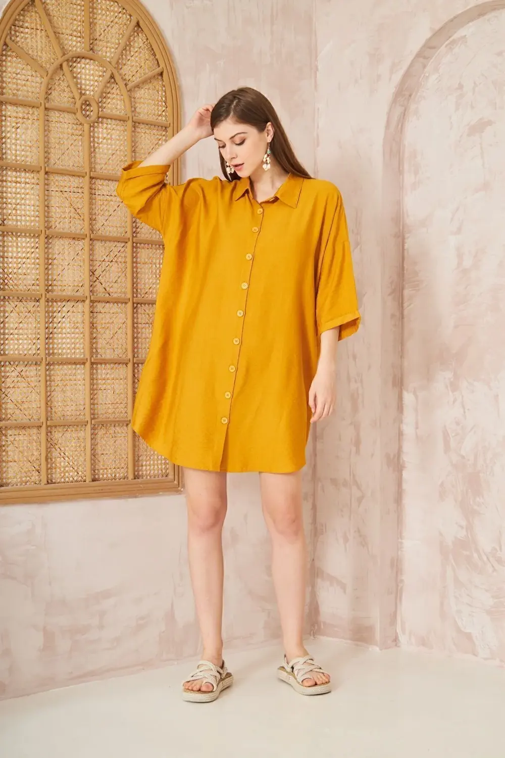 Kadın Hardal Midi Salaş Yarım Katlanır Kollu Keten Gömlek Elbise