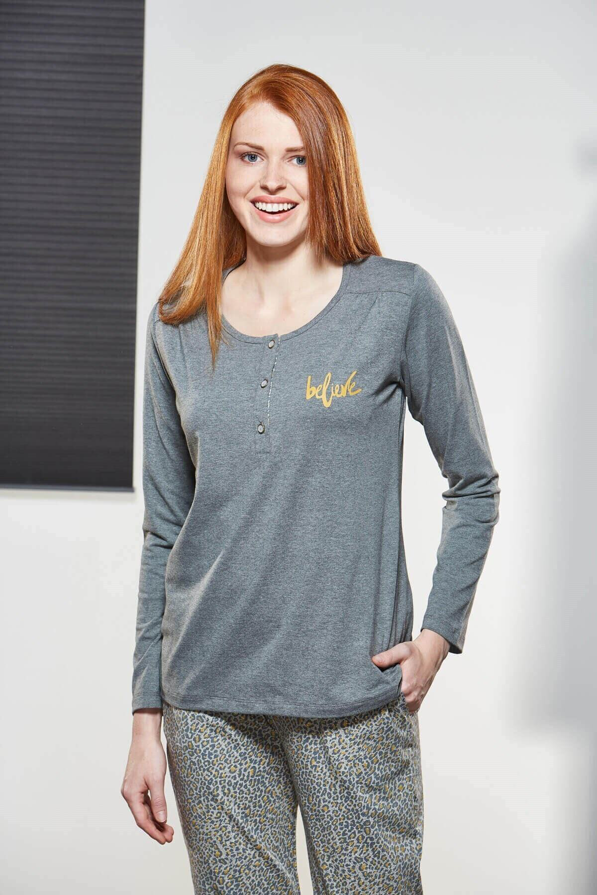 Pjs Kadın Hardal Pamuklu Uzun Kol Pijama Takımı