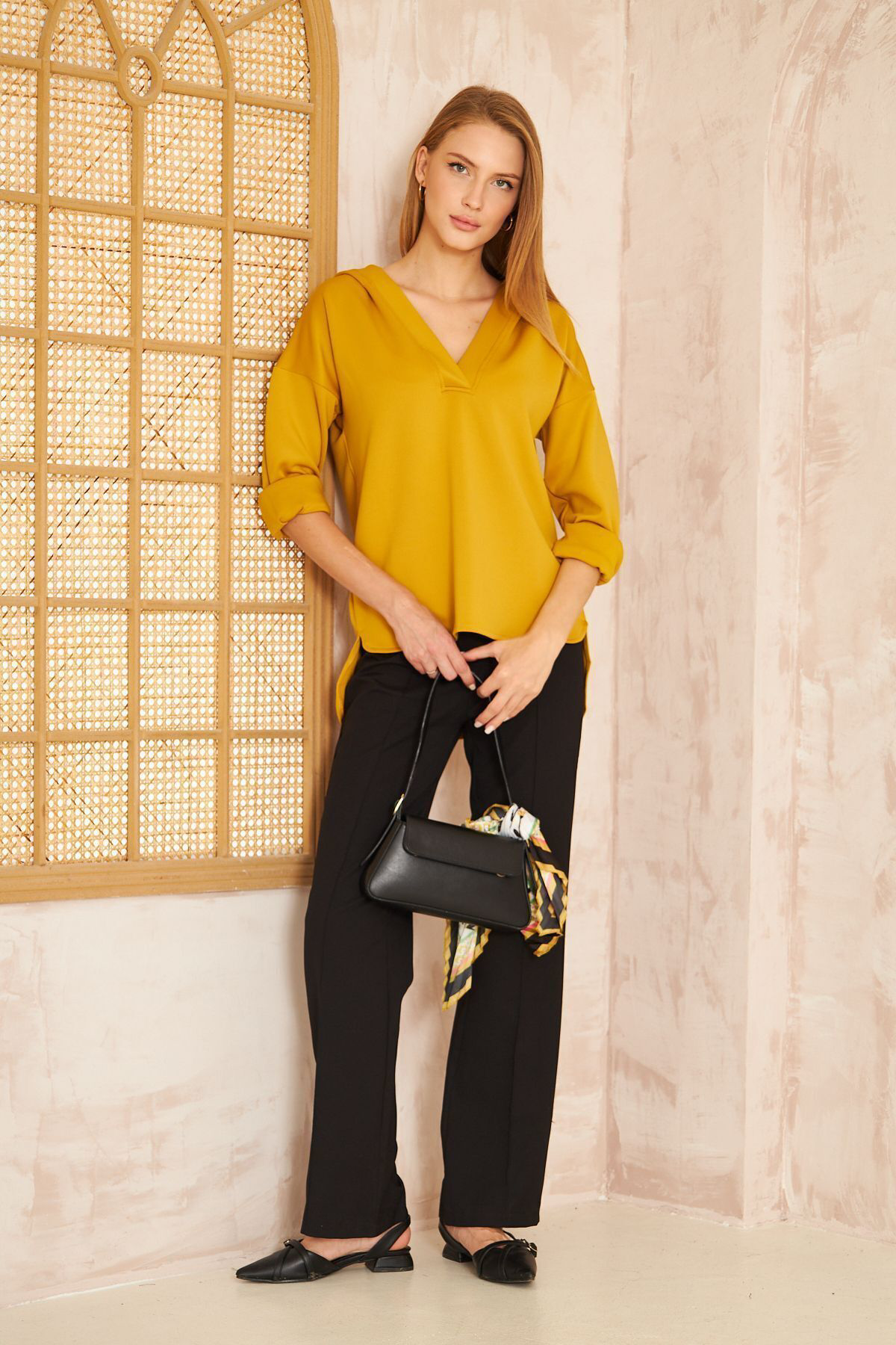 Pasaklı Giyim Kadın Hardal Scuba Kapüşonlu Arkası Uzun Salaş Rahat Kalıp Sweats