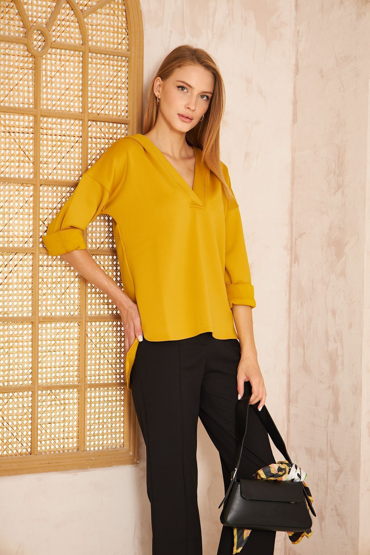 Pasaklı Giyim Kadın Hardal Scuba Kapüşonlu Arkası Uzun Salaş Rahat Kalıp Sweats