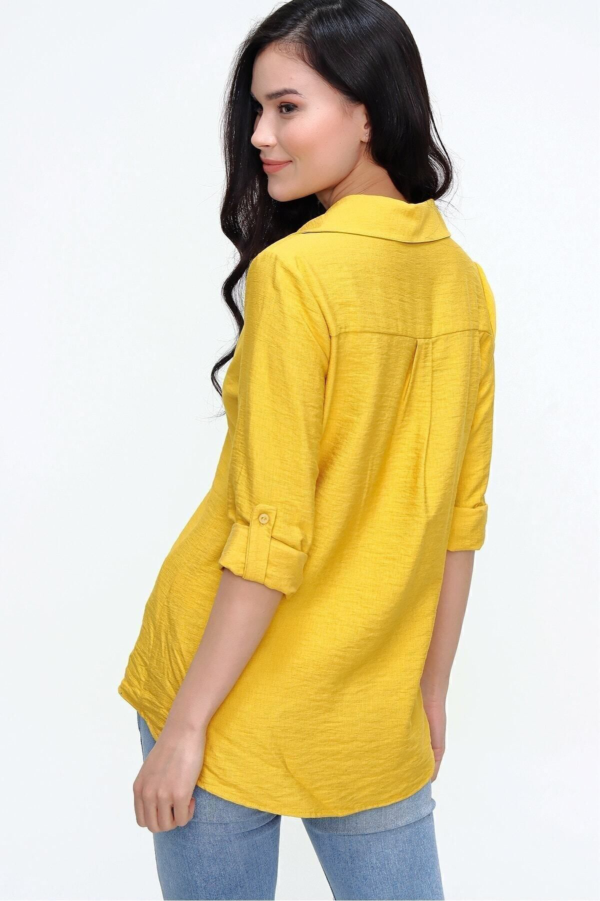 Pasaklı Giyim Kadın Hardal Uzun Katlanabilir Kollu Keten Basic Kaliteli Kumaş G