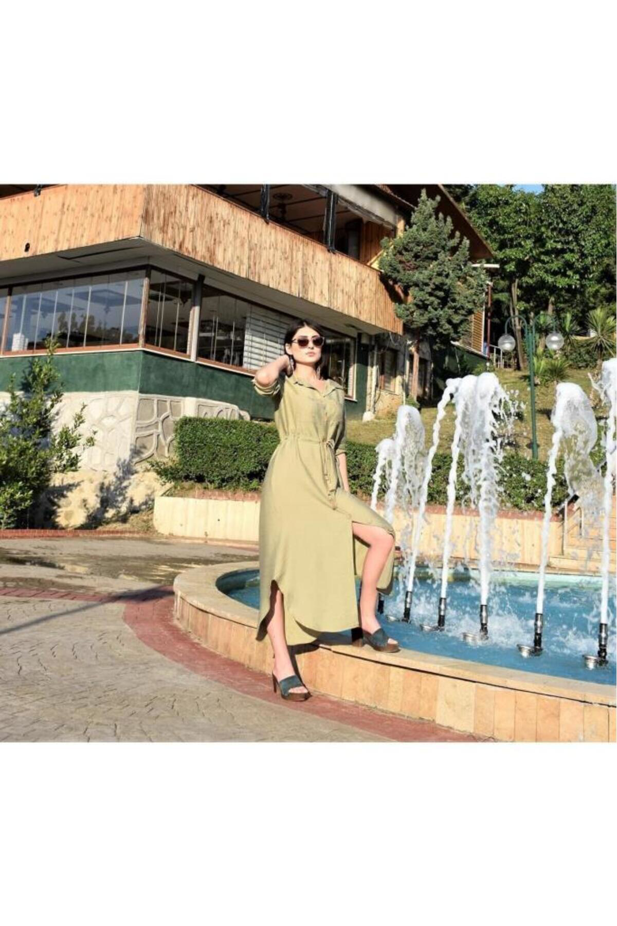 Pasaklı Giyim Kadın Hasır Kemer Detaylı Uzun Kollu Beli Büzgülü Keten Gömlek El