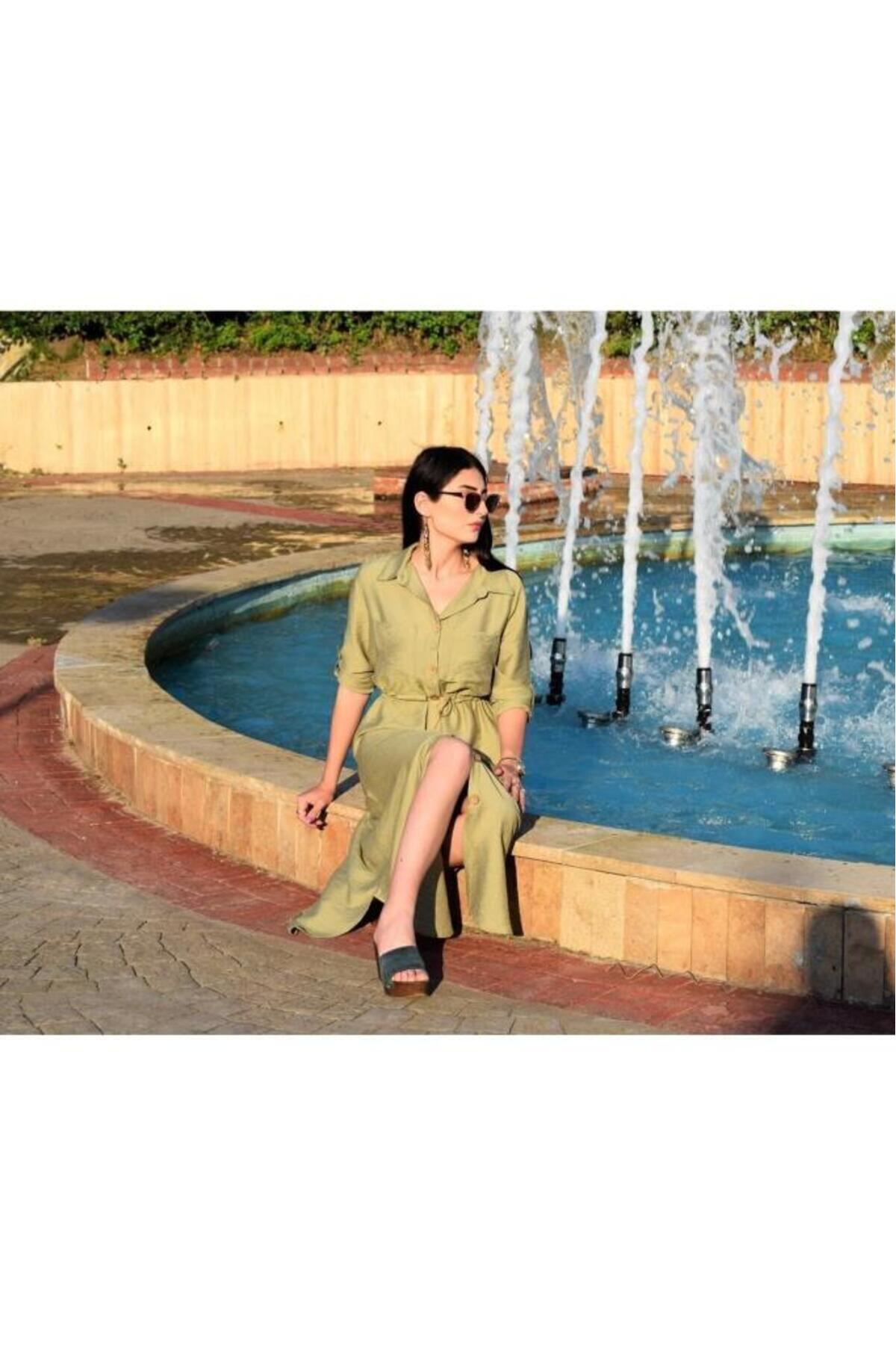 Pasaklı Giyim Kadın Hasır Kemer Detaylı Uzun Kollu Beli Büzgülü Keten Gömlek El