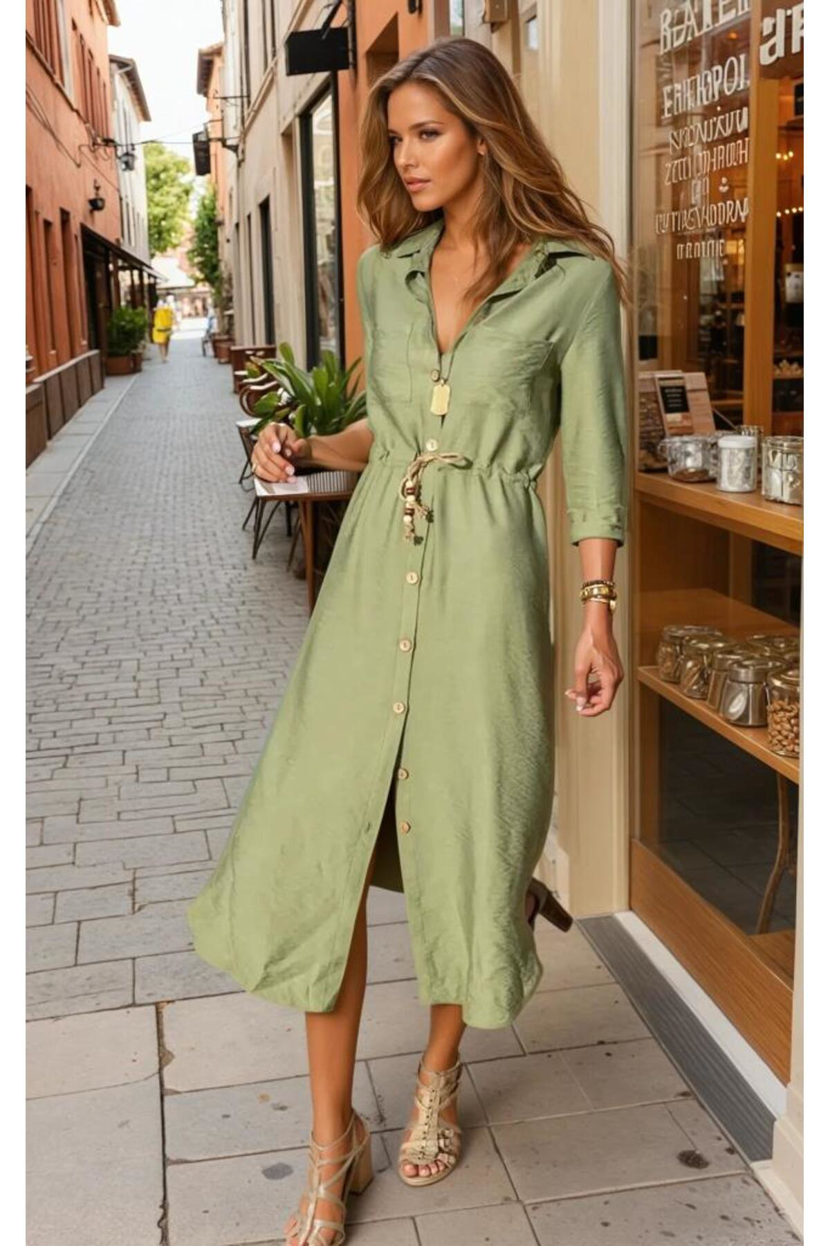 Pasaklı Giyim Kadın Hasır Kemer Detaylı Uzun Kollu Beli Büzgülü Keten Gömlek El