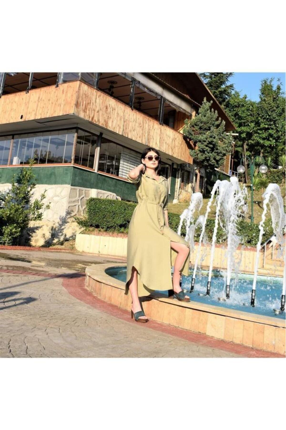 Pasaklı Giyim Kadın Hasır Kemer Detaylı Uzun Kollu Beli Büzgülü Keten Gömlek El