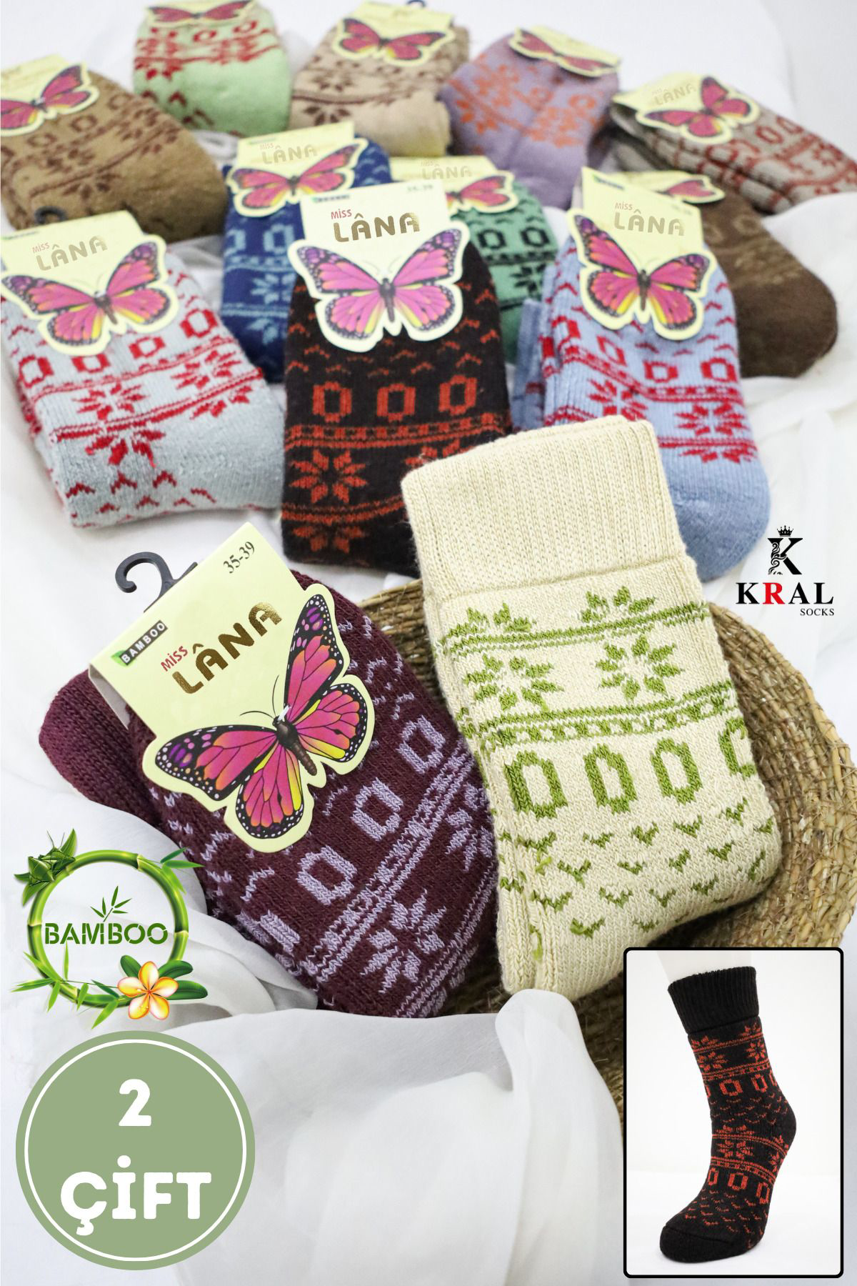 Kral Socks Kadın Havlu 2 Çift Kışlık Yün Çorap (Bambu + Yün) Sonbahar Serisi
