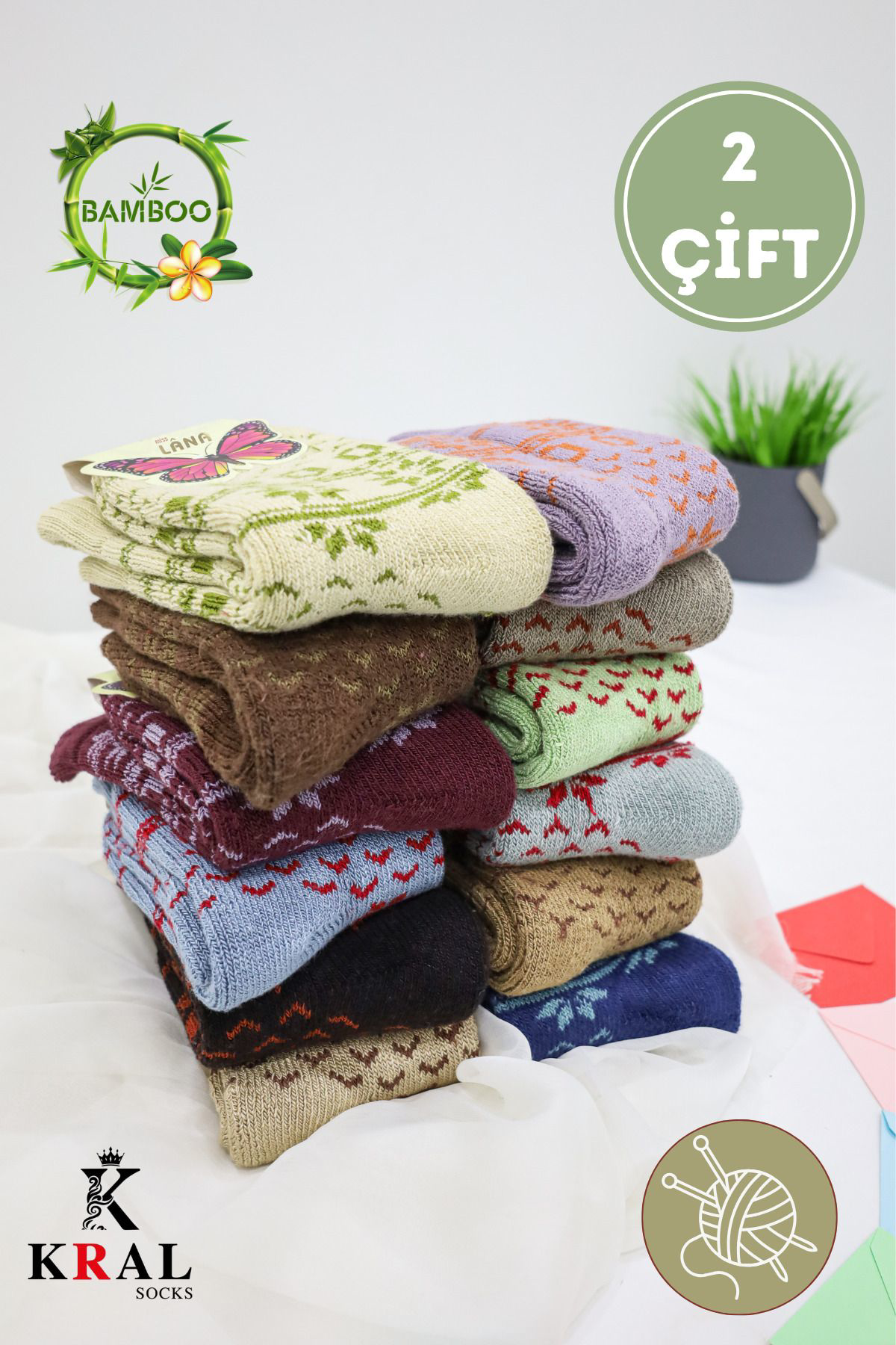 Kral Socks Kadın Havlu 2 Çift Kışlık Yün Çorap (Bambu + Yün) Sonbahar Serisi