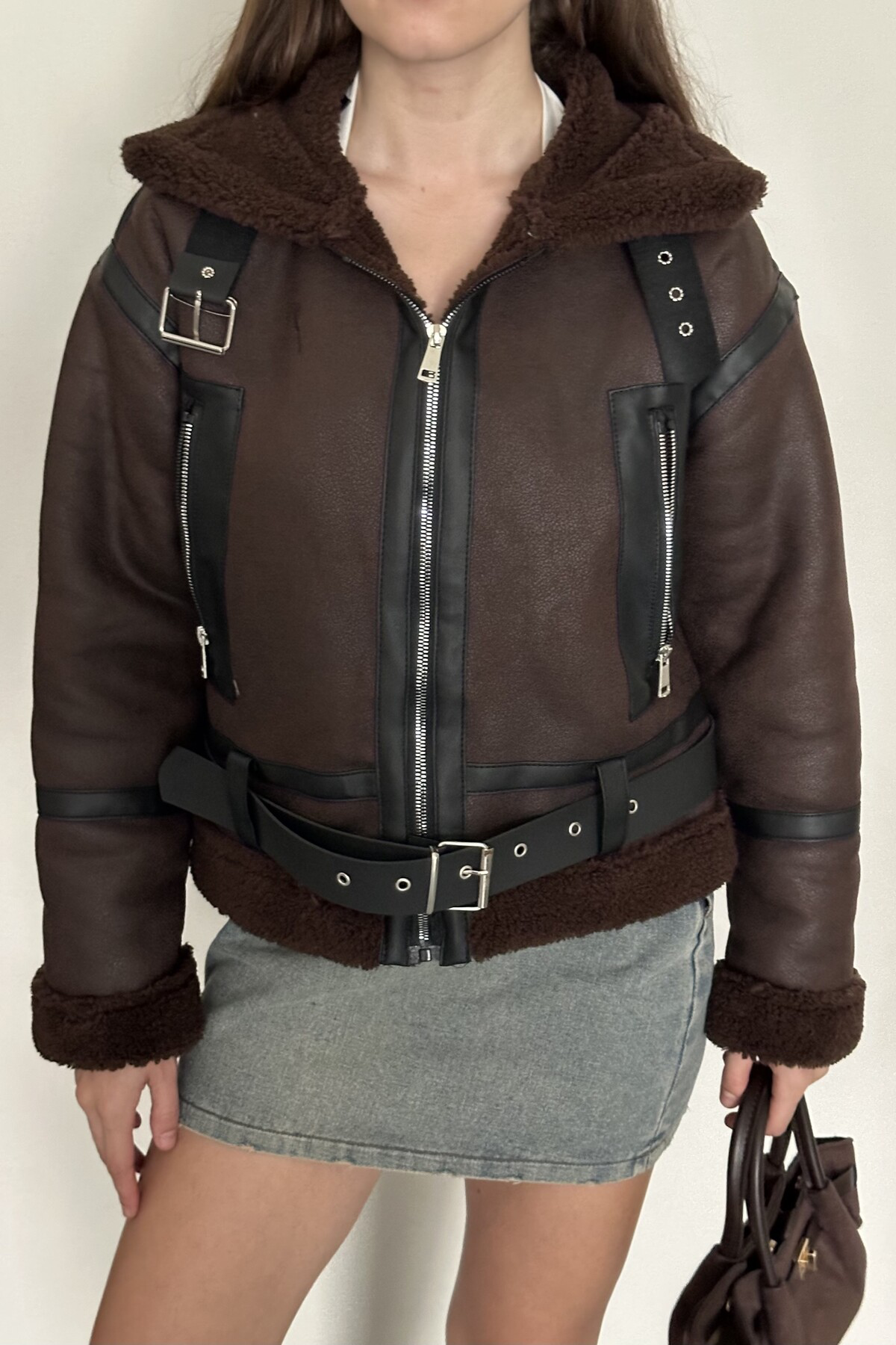 Moda Armanc Kadın İçi Kürk Detaylı Kemerli Deri Mont - Kışlık Biker Peluş Ast