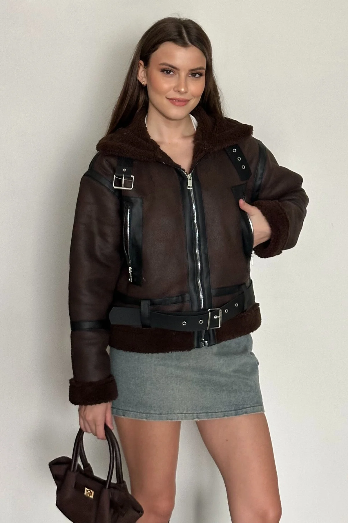 Kadın İçi Kürk Detaylı Kemerli Deri Mont - Kışlık Biker Peluş Ast