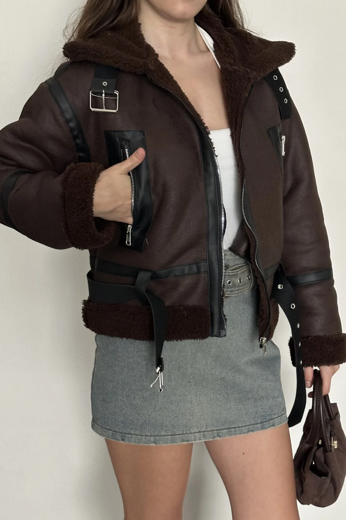 Kadın İçi Kürk Detaylı Kemerli Deri Mont - Kışlık Biker Peluş Ast