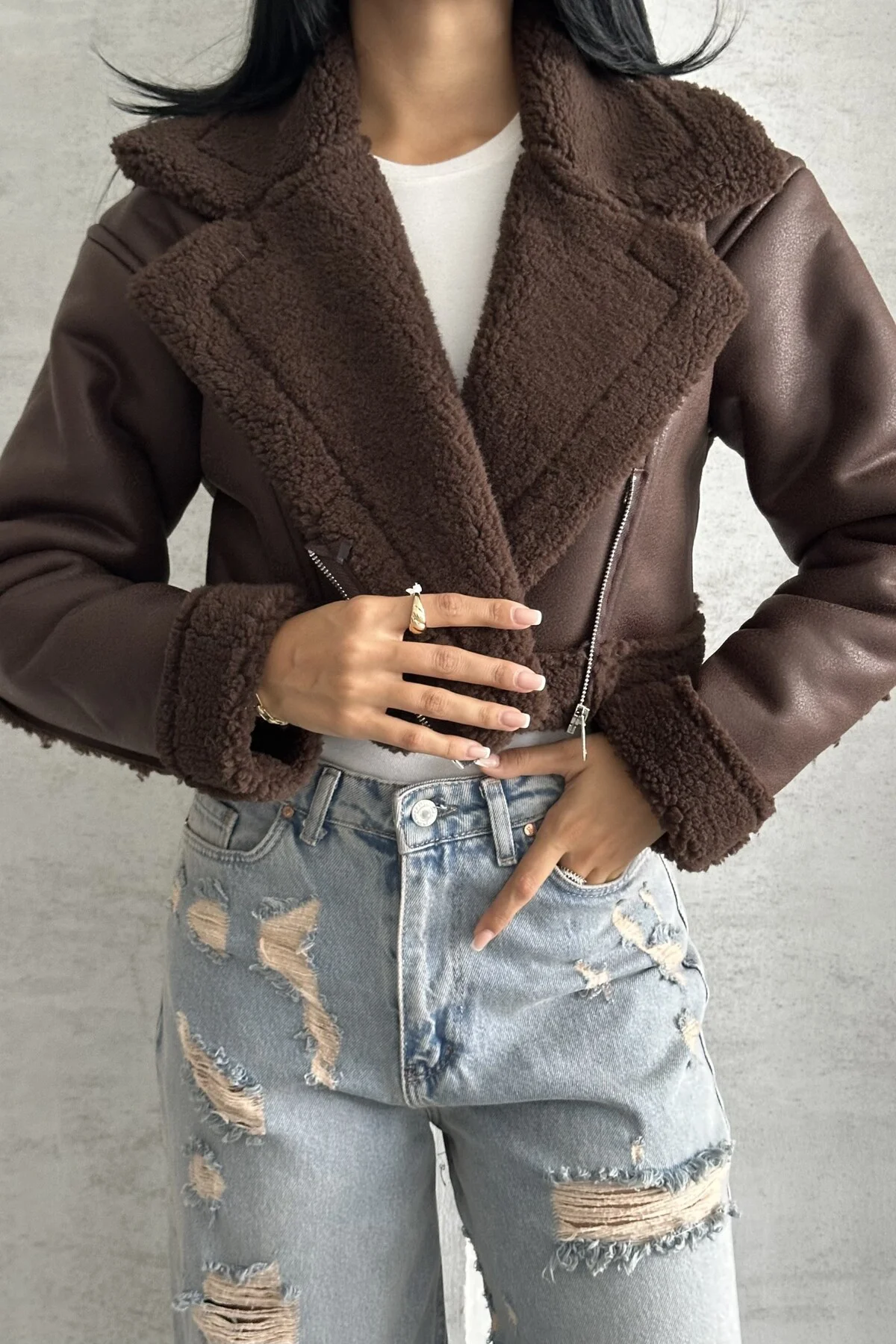 Kadın İçi Kürklü Suni Deri Mont - Crop Biker Deri Ceket