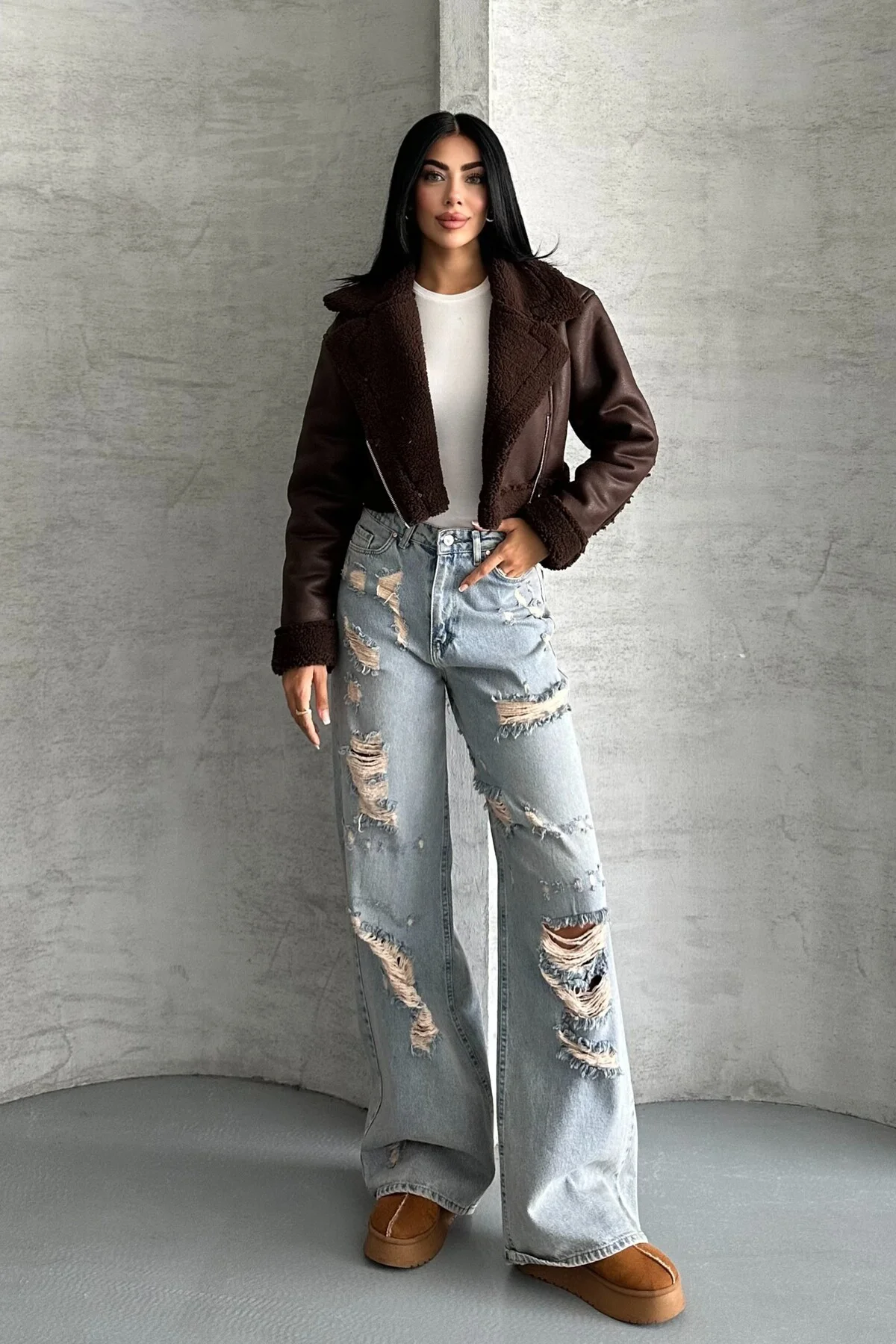 Kadın İçi Kürklü Suni Deri Mont - Crop Biker Deri Ceket