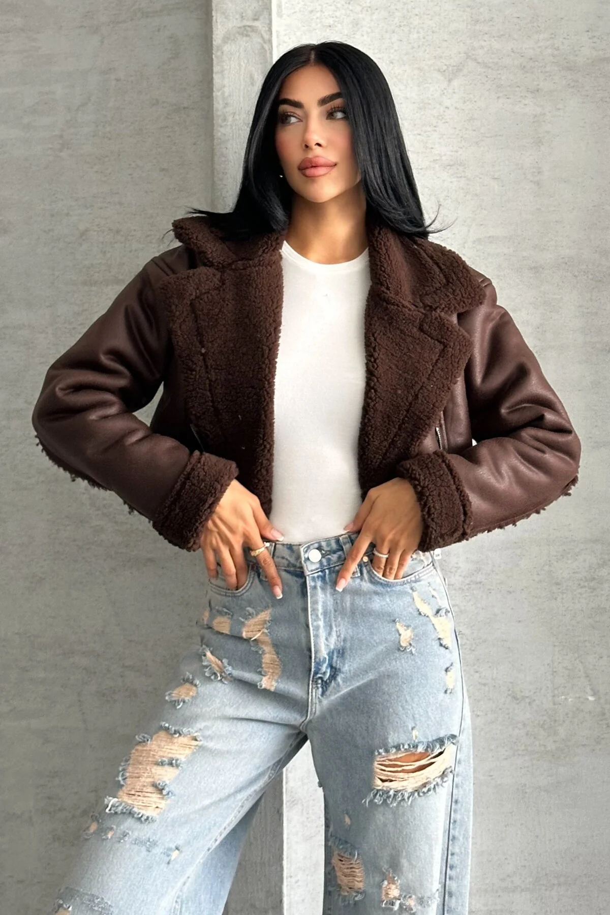 Kadın İçi Kürklü Suni Deri Mont - Crop Biker Deri Ceket