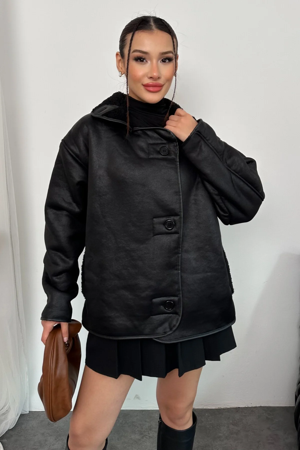 Kadın İçi Peluş Kürklü Oversize Suni Deri Mont - Else Lamine Süet