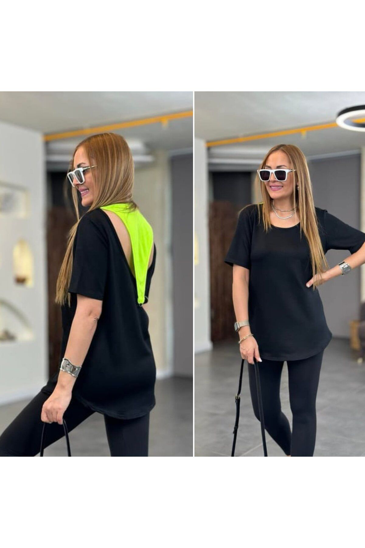 Kadın İki İplik Kumaş Sırt Neon Detay Bluz