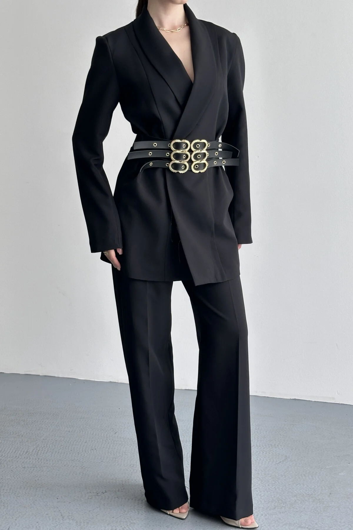 Kadın İkili Blazer Ceket ve Palazzo Pantolon - 3 Kemerli Blazer C