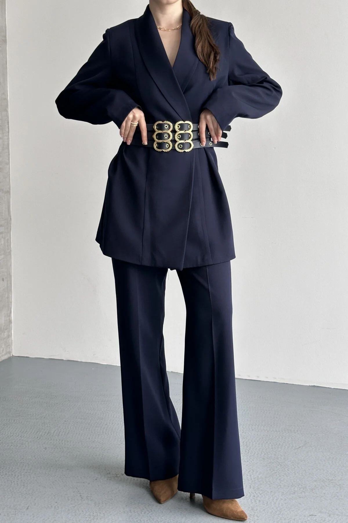 Kadın İkili Blazer Ceket ve Palazzo Pantolon - 3 Kemerli Blazer C