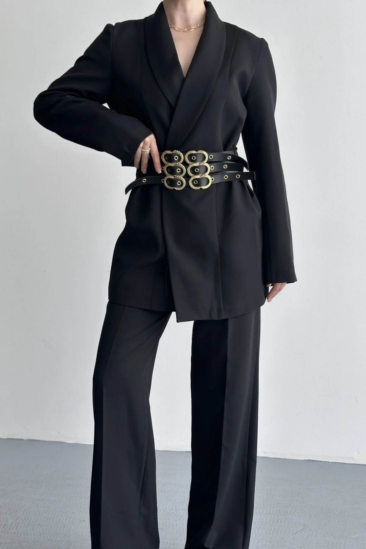 Kadın İkili Blazer Ceket ve Palazzo Pantolon - 3 Kemerli Blazer C