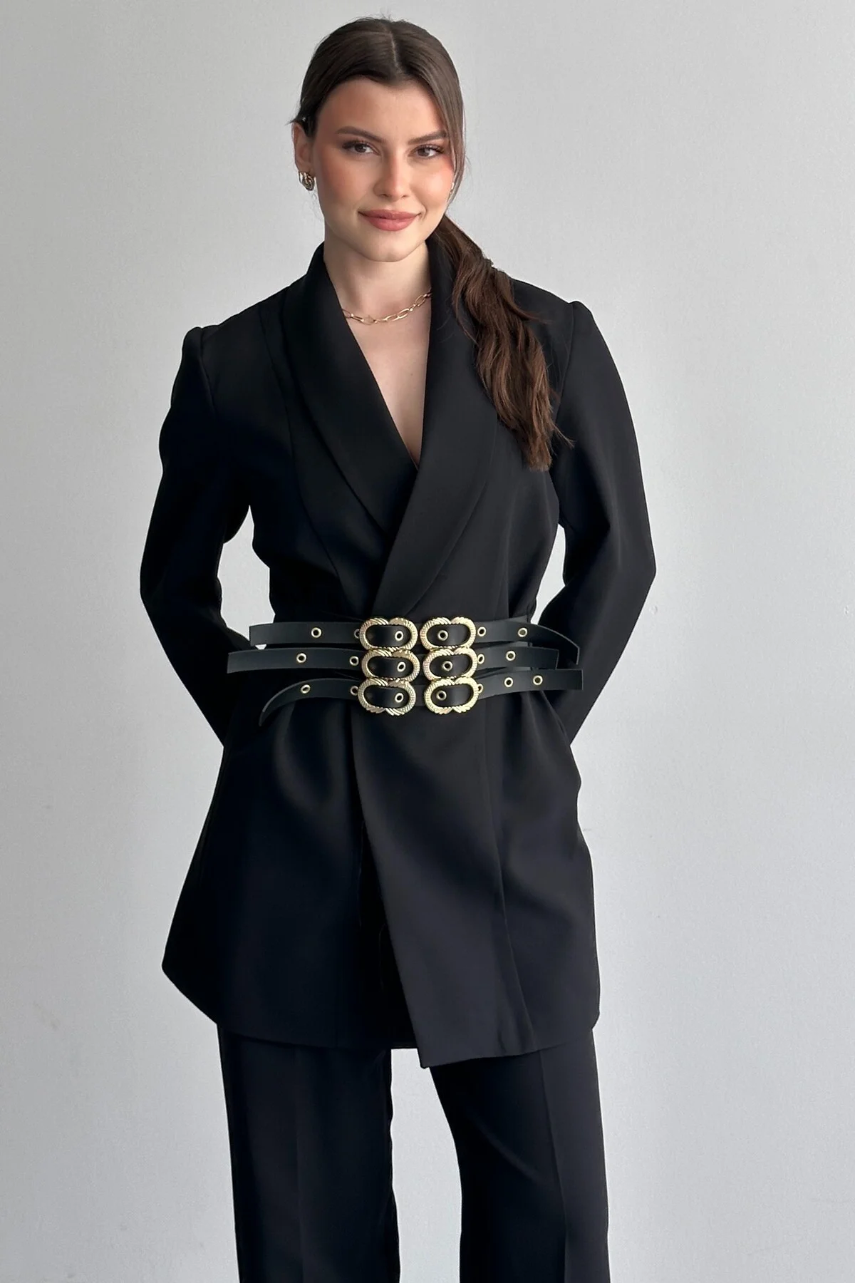 Kadın İkili Blazer Ceket ve Palazzo Pantolon - 3 Kemerli Blazer C