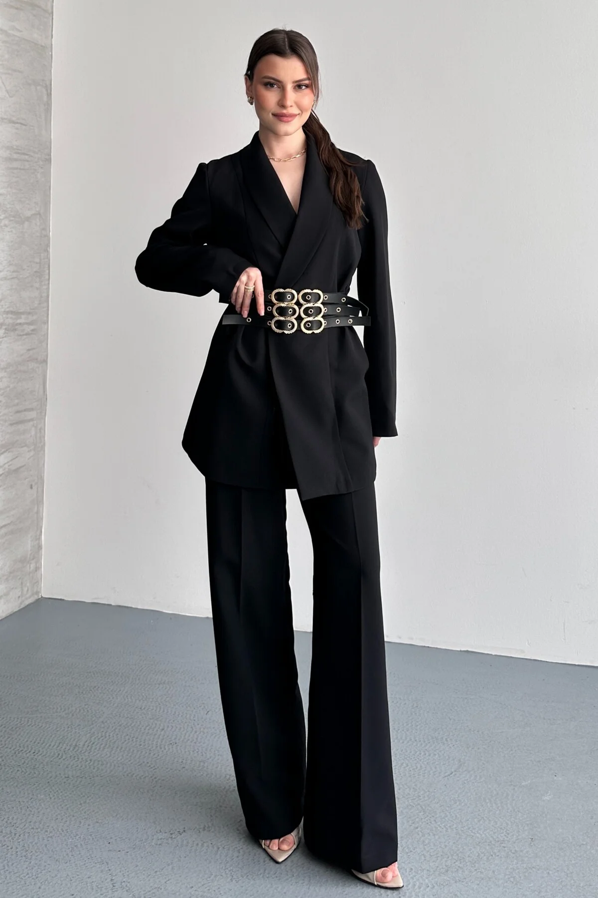 Kadın İkili Blazer Ceket ve Palazzo Pantolon - 3 Kemerli Blazer C