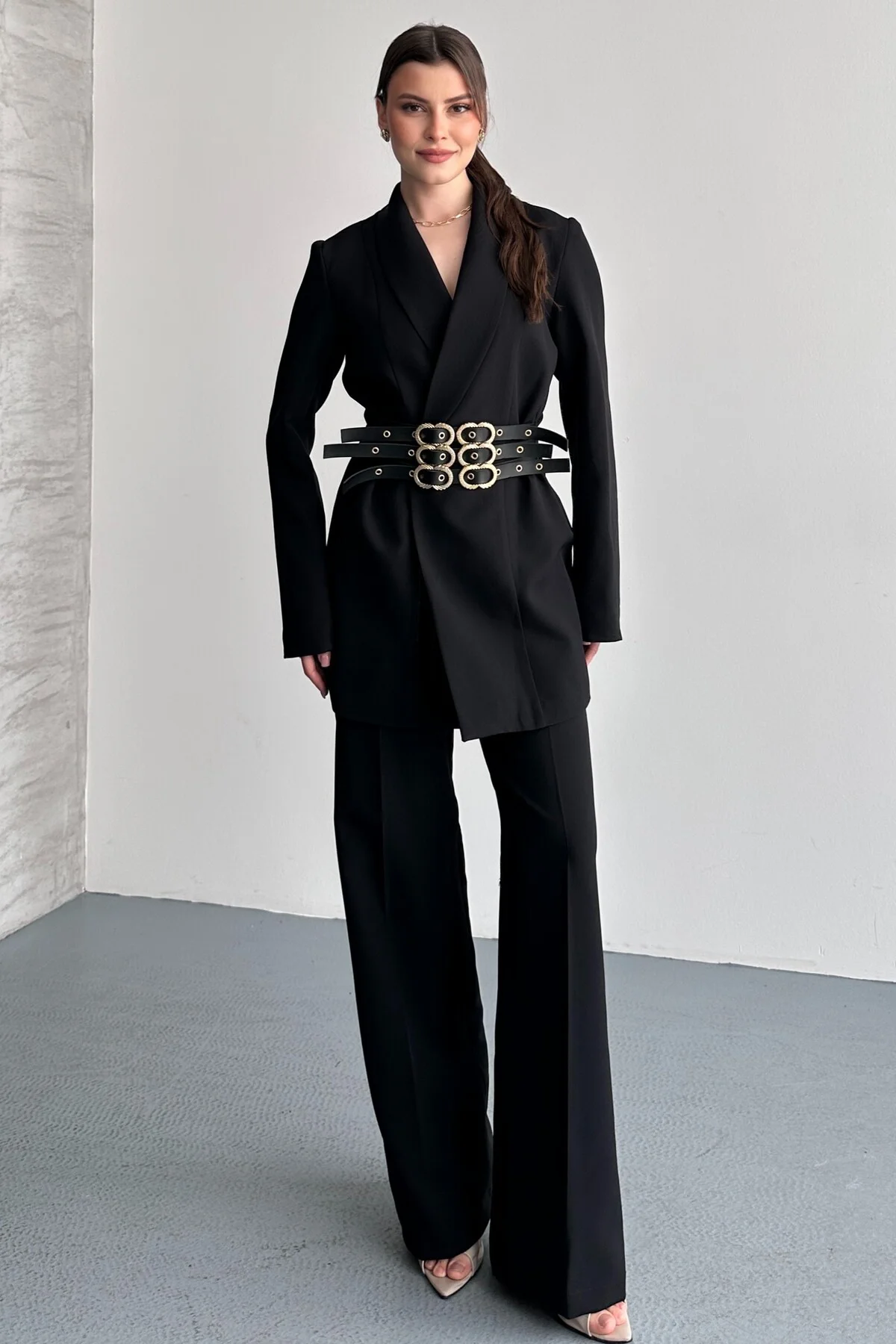 Kadın İkili Blazer Ceket ve Palazzo Pantolon - 3 Kemerli Blazer C
