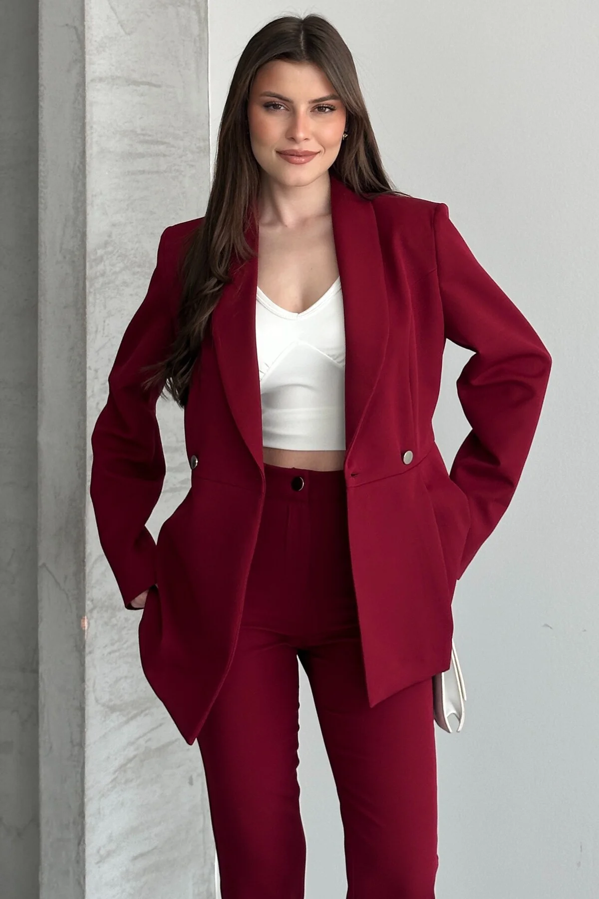 Kadın İkili Takım Blazer Ceket Pantolon - Düğme ve Pile Detaylı Ş