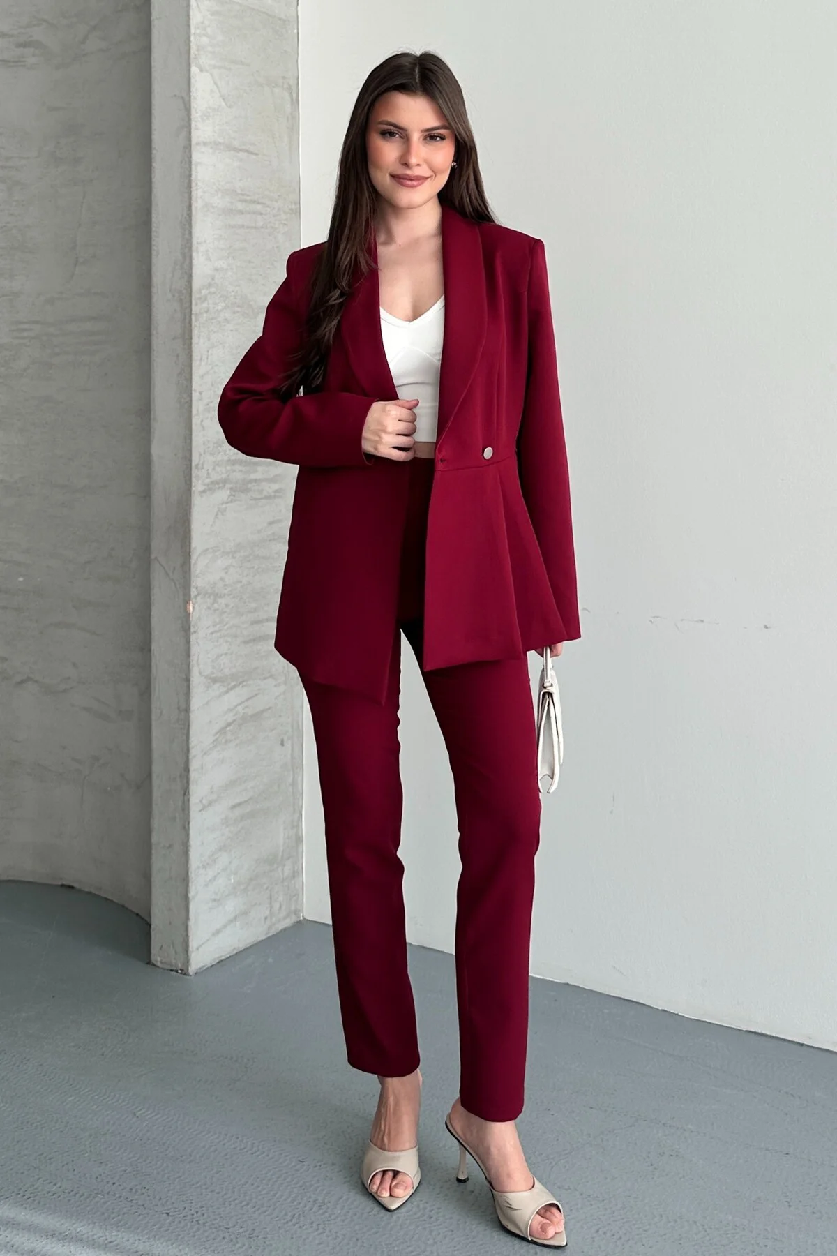 Kadın İkili Takım Blazer Ceket Pantolon - Düğme ve Pile Detaylı Ş