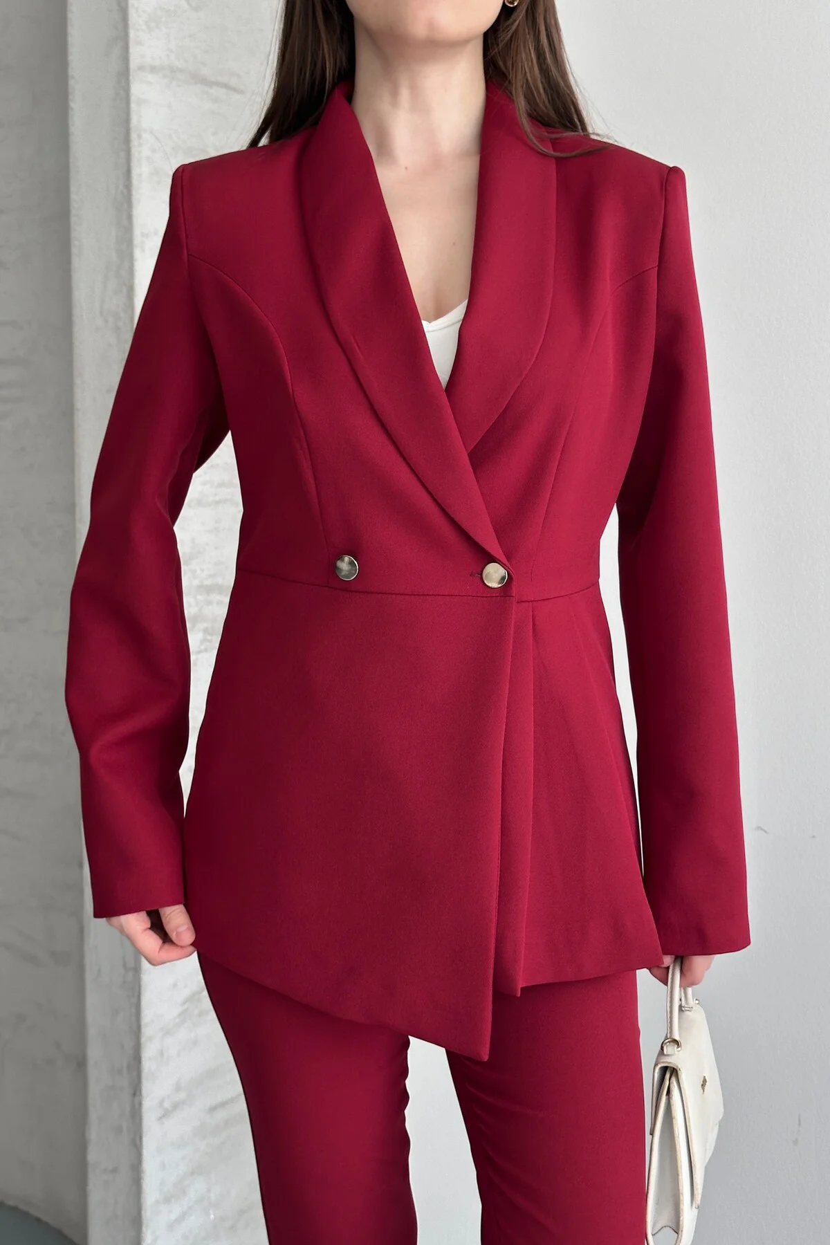 Kadın İkili Takım Blazer Ceket Pantolon - Düğme ve Pile Detaylı Ş