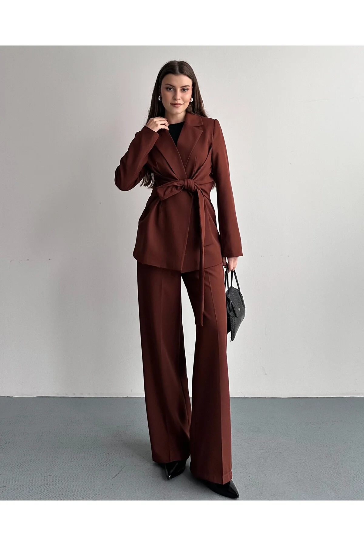 Kadın İkili Takım Blazer Ceket Pantolon Kahverengi - Kuşaklı Kruv