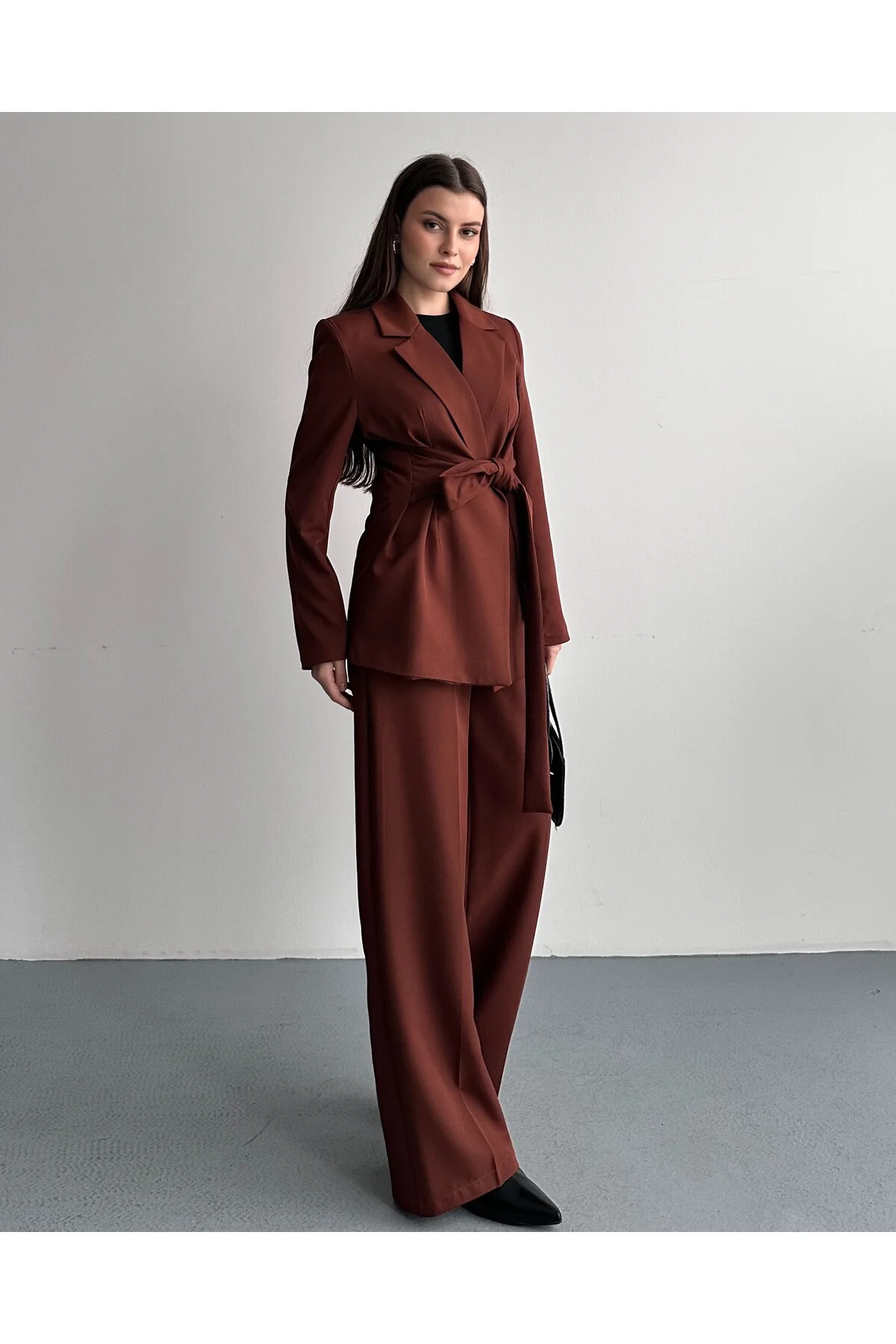 Kadın İkili Takım Blazer Ceket Pantolon Kahverengi - Kuşaklı Kruv