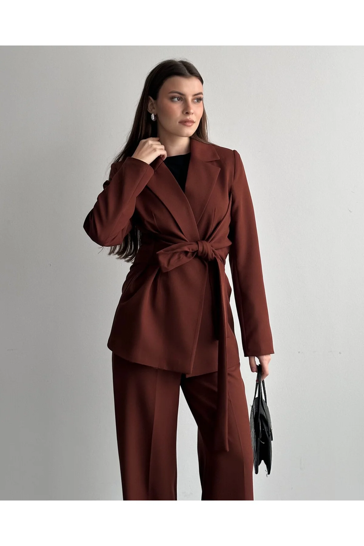 Kadın İkili Takım Blazer Ceket Pantolon Kahverengi - Kuşaklı Kruv