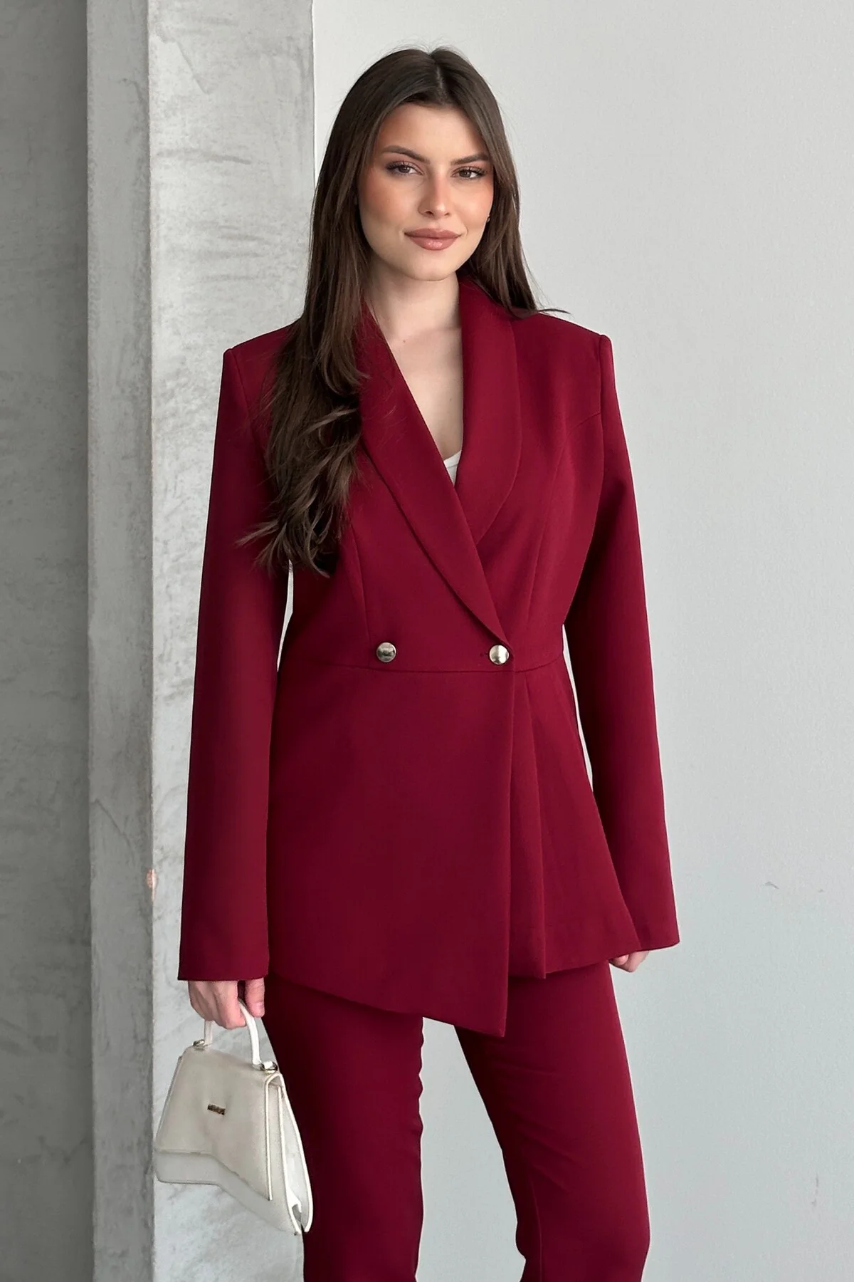 Kadın İkili Takım Blazer Ceket Pantolon - Düğme ve Pile Detaylı Ş