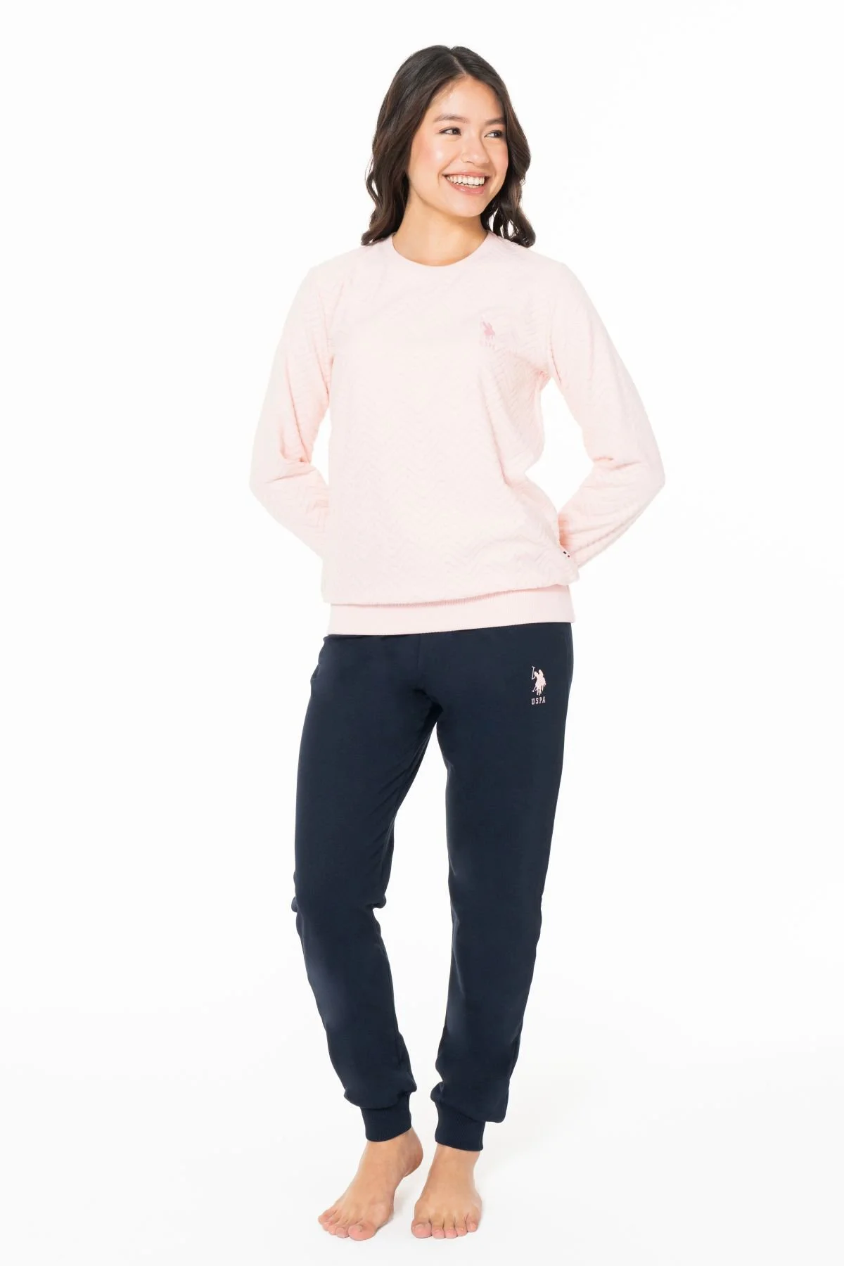 Kadın İnce Polar Bisiklet Yaka Uzun Kollu Pijama Takımı PAÇASI BA