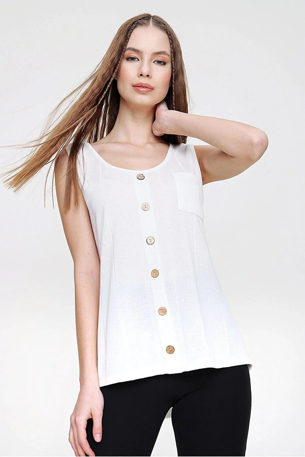 Kadın Ince Triko Bluz Askılı Düğmeli Kolsuz Örme Günlük Giy Çık B