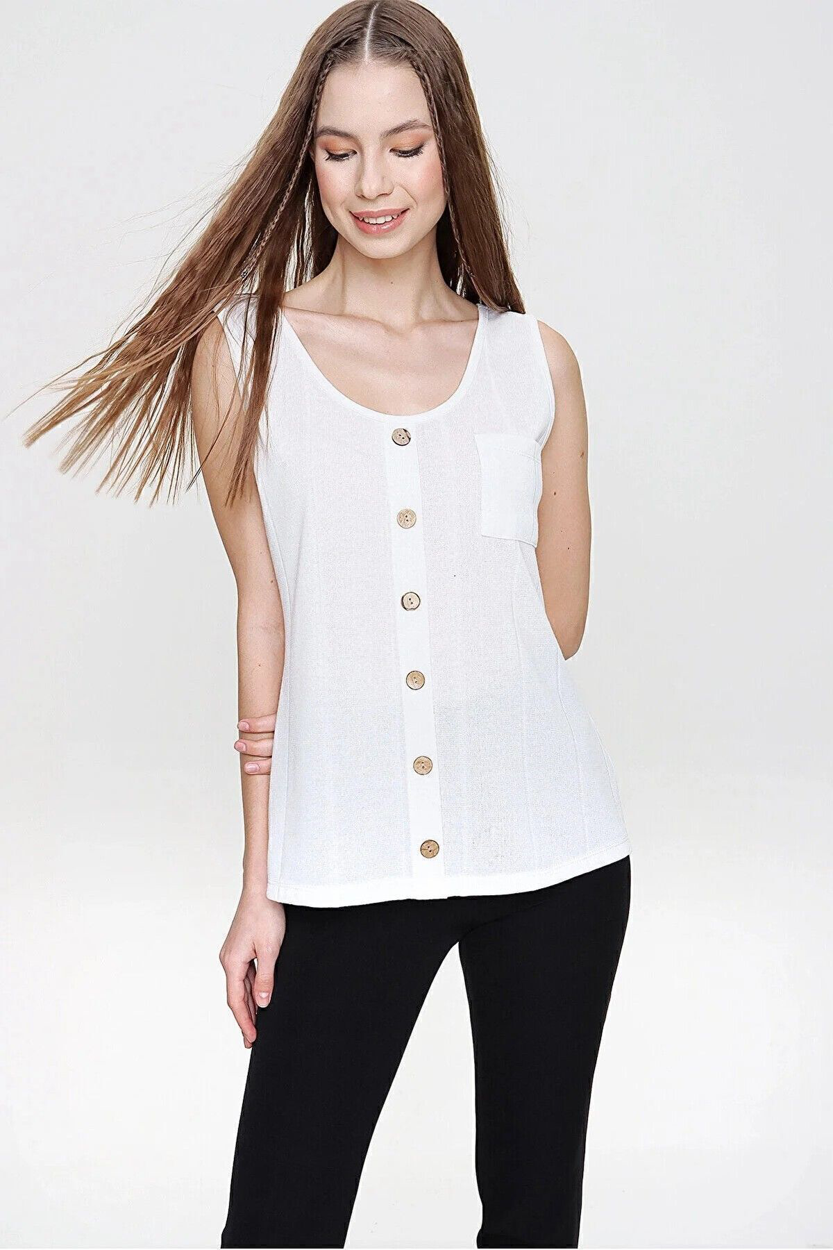 Kadın Ince Triko Bluz Askılı Düğmeli Kolsuz Örme Günlük Giy Çık B