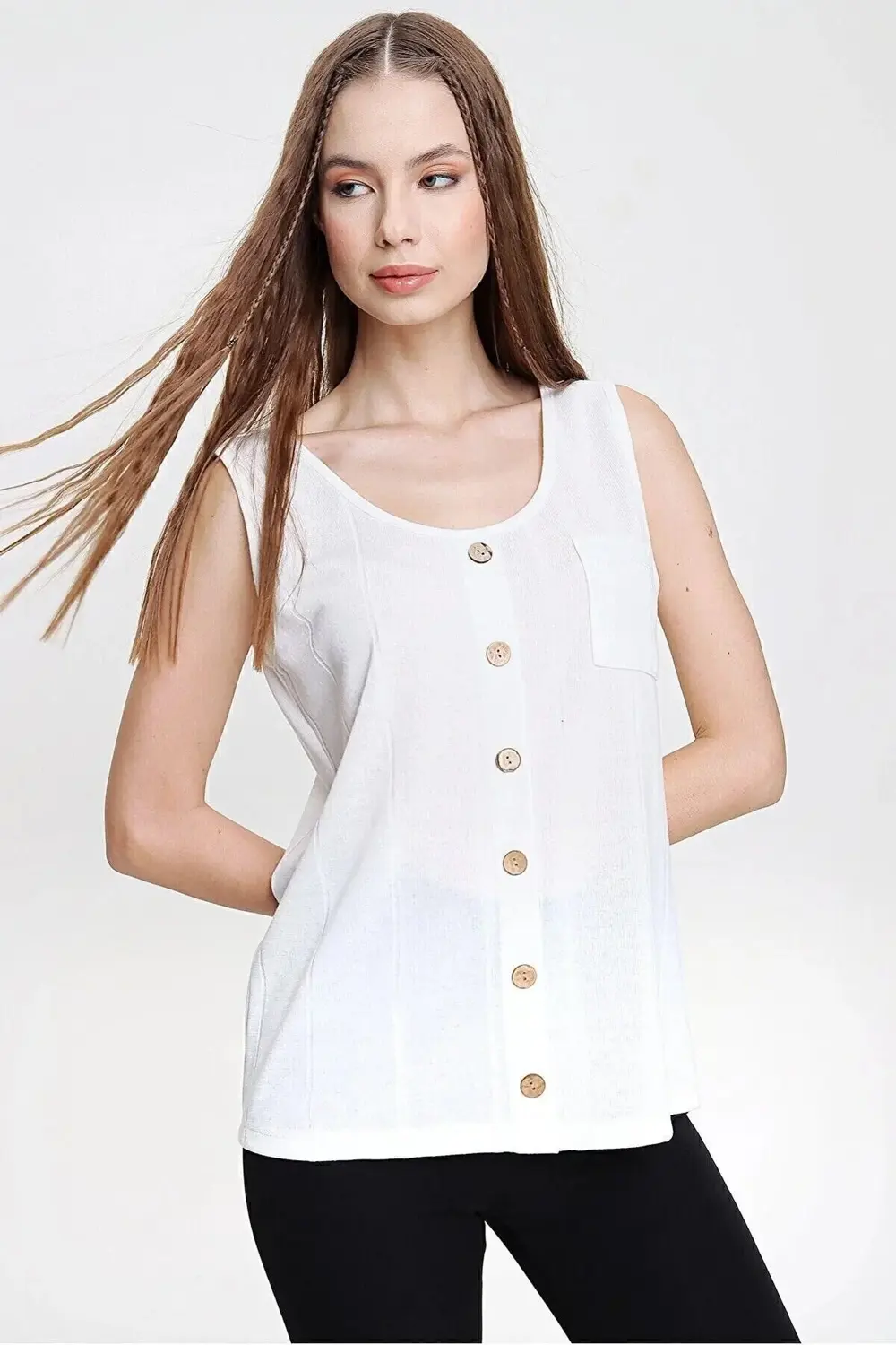 Kadın Ince Triko Bluz Askılı Düğmeli Kolsuz Örme Günlük Giy Çık B