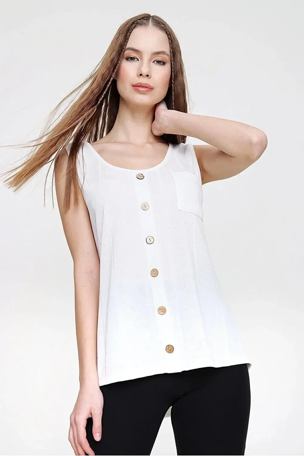 Kadın Ince Triko Bluz Askılı Düğmeli Kolsuz Örme Günlük Giy Çık B