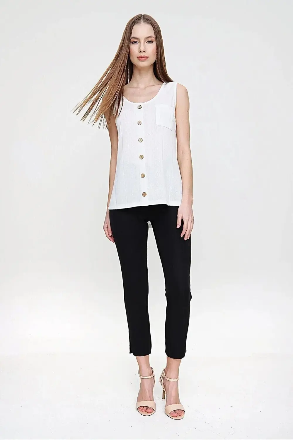 Kadın Ince Triko Bluz Askılı Düğmeli Kolsuz Örme Günlük Giy Çık B