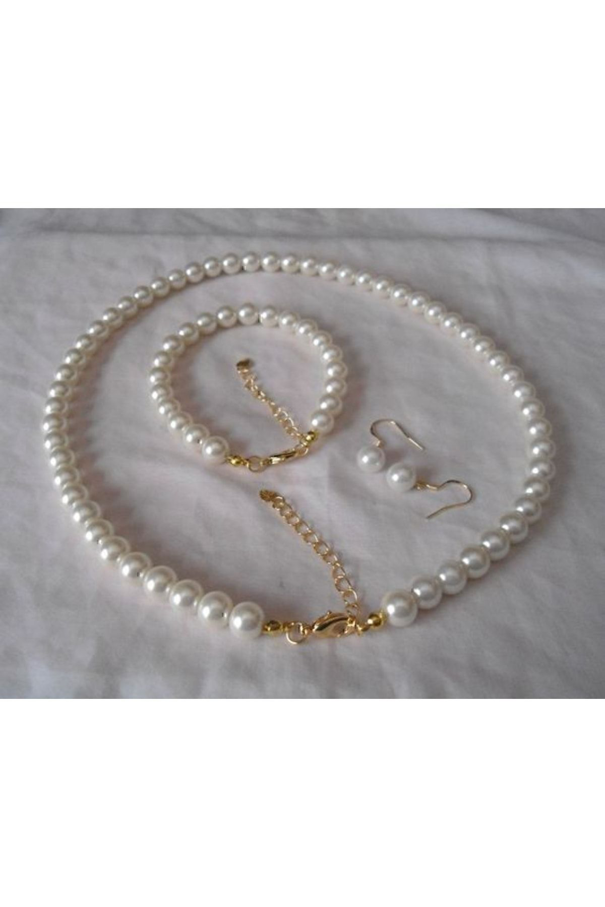 Kadın Inci Kolye , Küpe , Bileklik Set -8 Mm 1.kalite Cam Inci