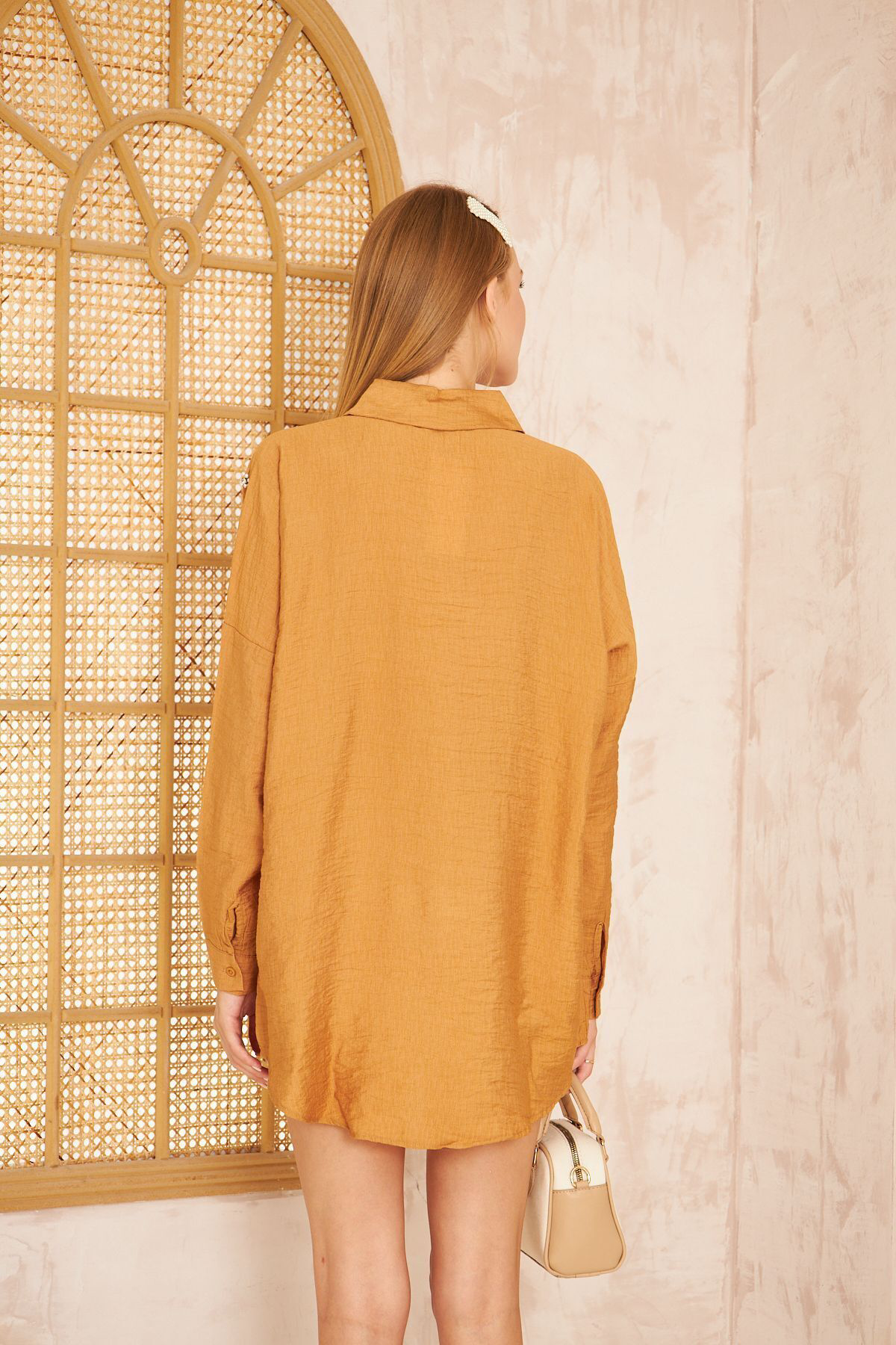 Kadın Inci Taş Boncuk Işleme Uzun Kollu Bol Kesim Şık Keten Karış