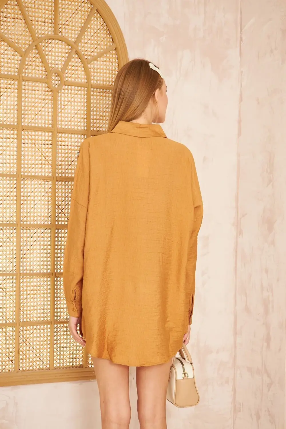 Kadın Inci Taş Boncuk Işleme Uzun Kollu Bol Kesim Şık Keten Karış