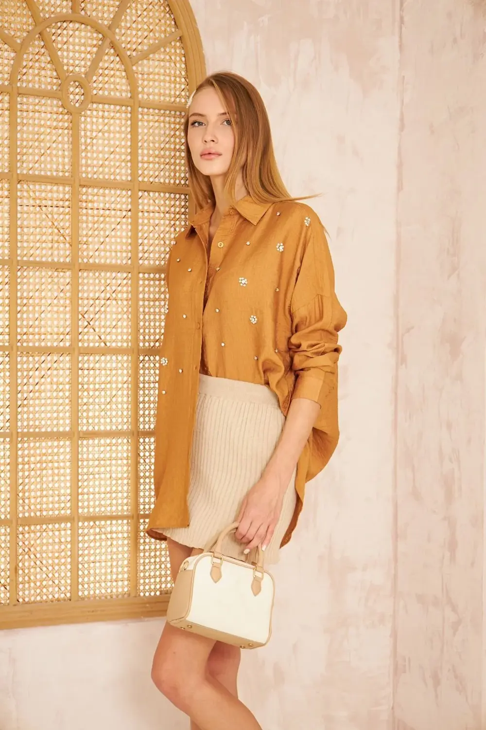 Kadın Inci Taş Boncuk Işleme Uzun Kollu Bol Kesim Şık Keten Karış