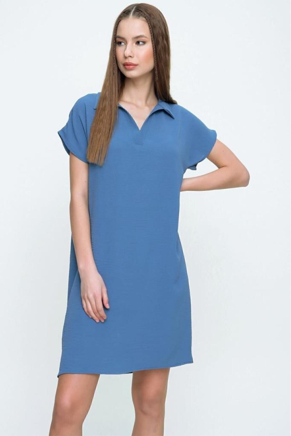 Pasaklı Giyim Kadın İndigo Bol Kesim Polo Yaka Kısa Kollu Günlük Kısa Midi Elbi
