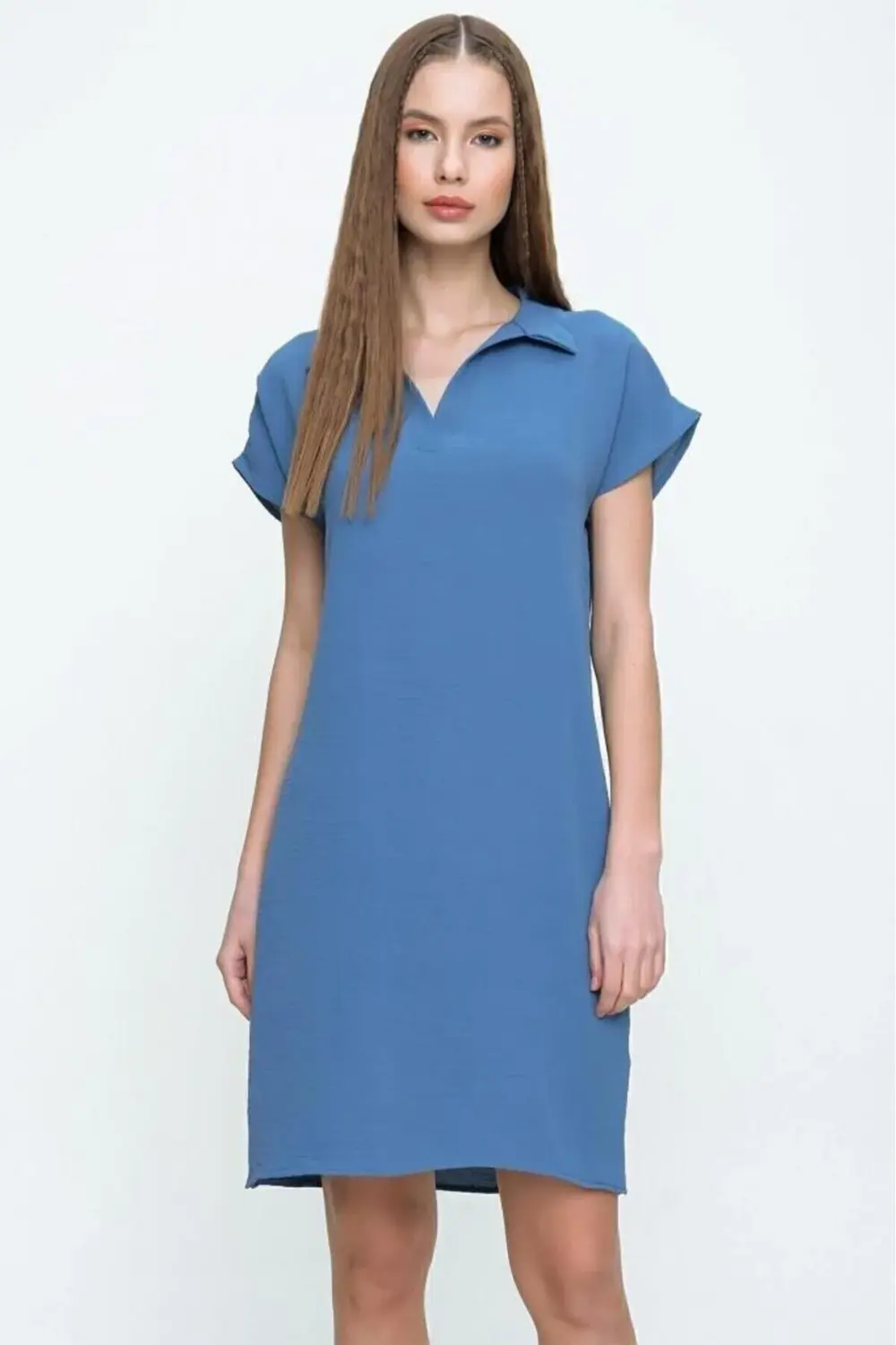 Kadın Indigo Bol Kesim Polo Yaka Kısa Kollu Günlük Kısa Midi Elbi