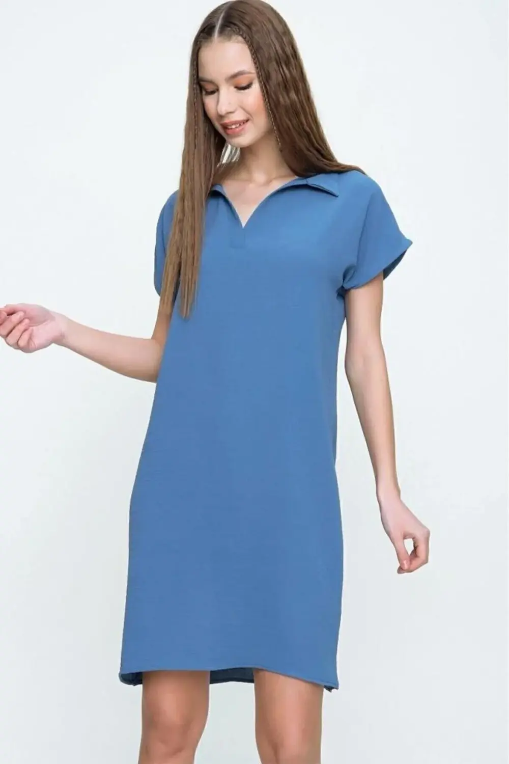 Kadın Indigo Bol Kesim Polo Yaka Kısa Kollu Günlük Kısa Midi Elbi