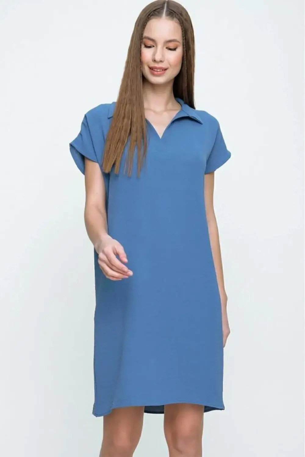 Kadın Indigo Bol Kesim Polo Yaka Kısa Kollu Günlük Kısa Midi Elbi