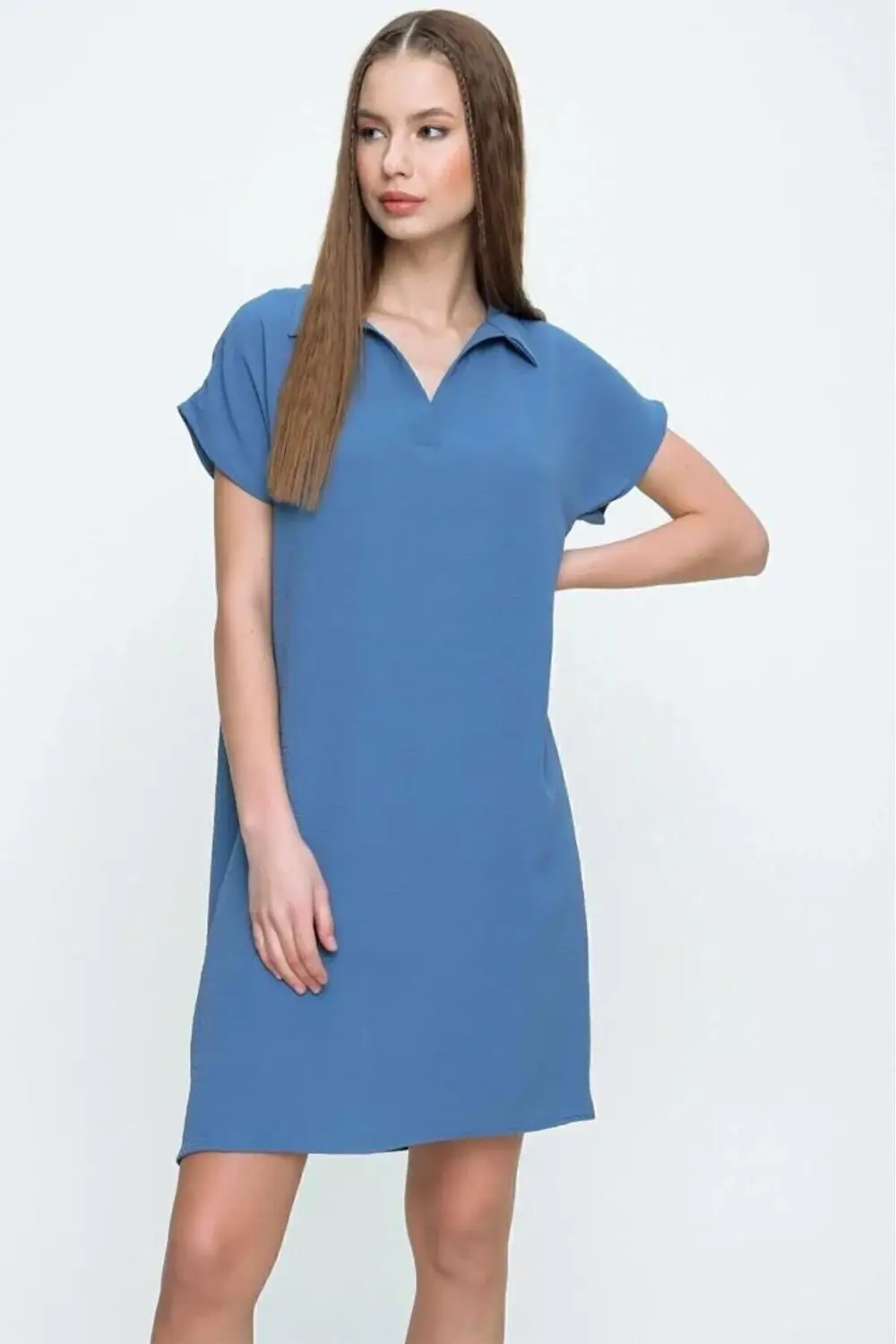 Kadın Indigo Bol Kesim Polo Yaka Kısa Kollu Günlük Kısa Midi Elbi