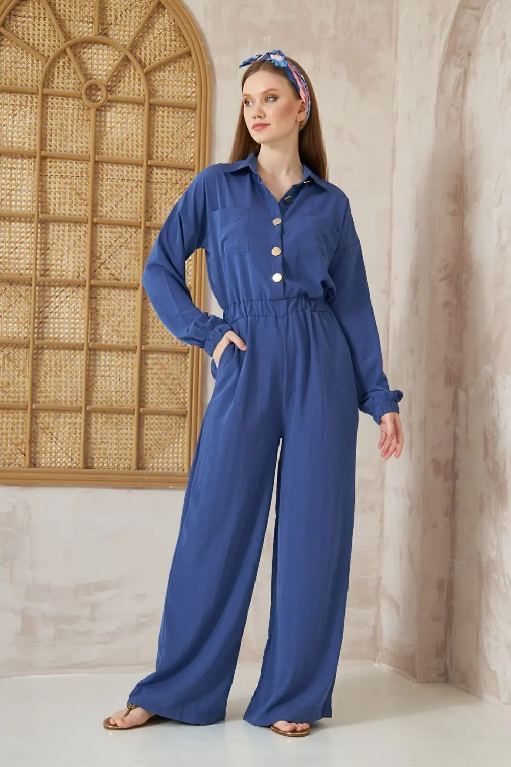 Kadın Indigo Cepli Beli Kolu Lastikli Uzun Kol Bol Kesim Tesettür